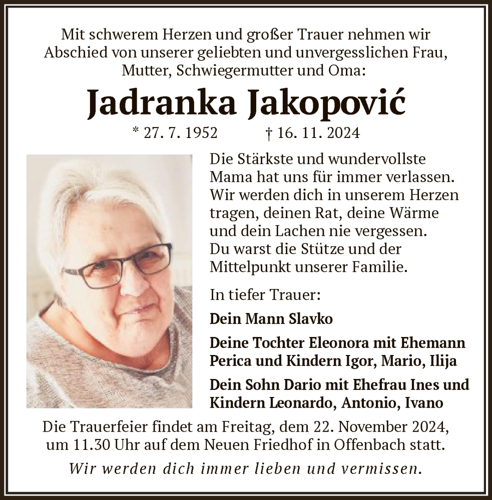  Traueranzeige für Jadranka Jakopovic vom 19.11.2024 aus OF