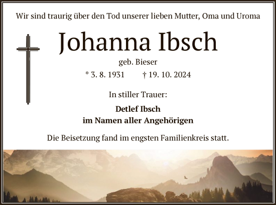 Traueranzeige von Johanna Ibsch von OF