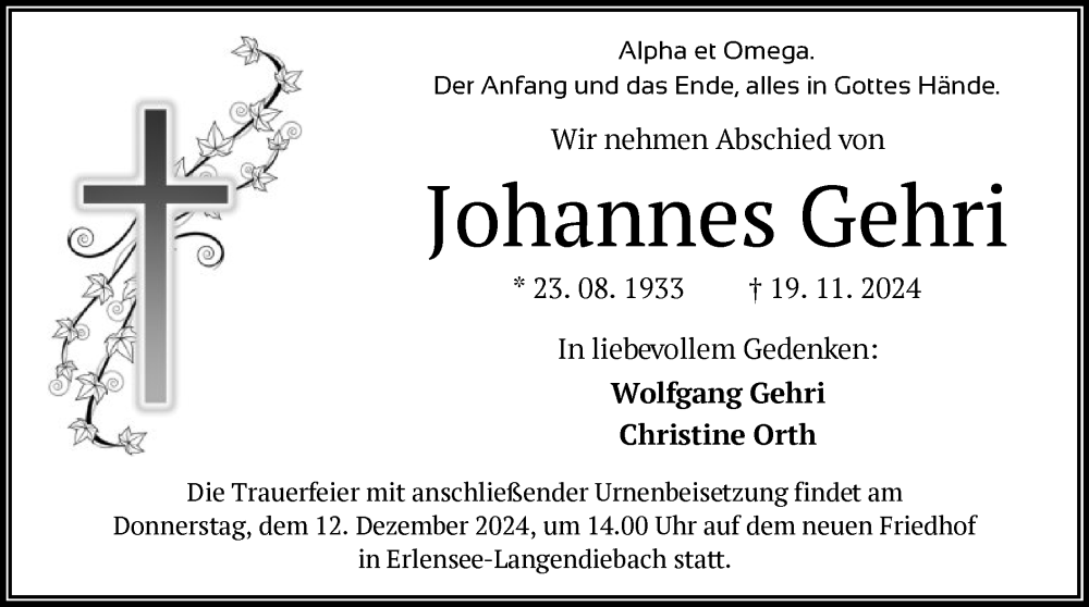  Traueranzeige für Johannes Gehri vom 30.11.2024 aus OF