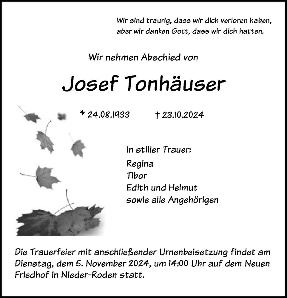  Traueranzeige für Josef Tonhäuser vom 02.11.2024 aus OF