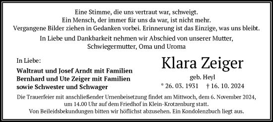 Traueranzeige von Klara Zeiger von OF