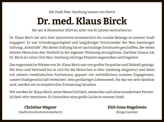 Traueranzeige von Klaus Birck von OF