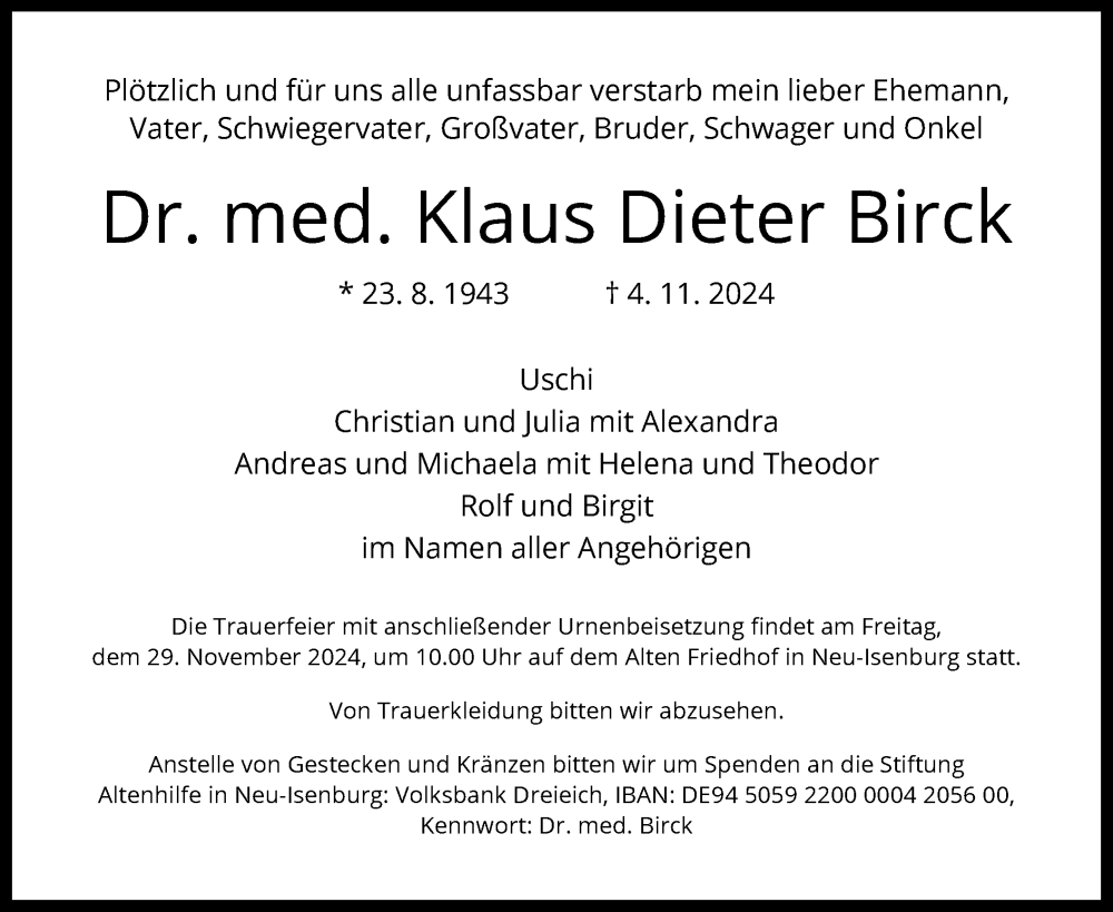  Traueranzeige für Klaus Dieter Birck vom 23.11.2024 aus OF