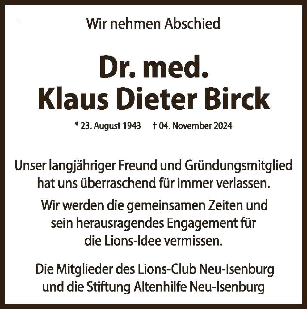  Traueranzeige für Klaus Dieter Birck vom 23.11.2024 aus OFOF