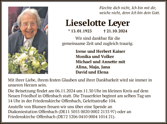 Traueranzeige von Lieselotte Leyer von OF