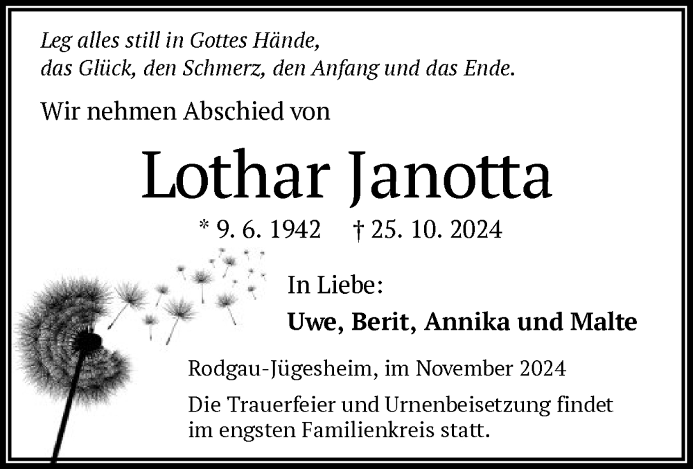  Traueranzeige für Lothar Janotta vom 02.11.2024 aus OF