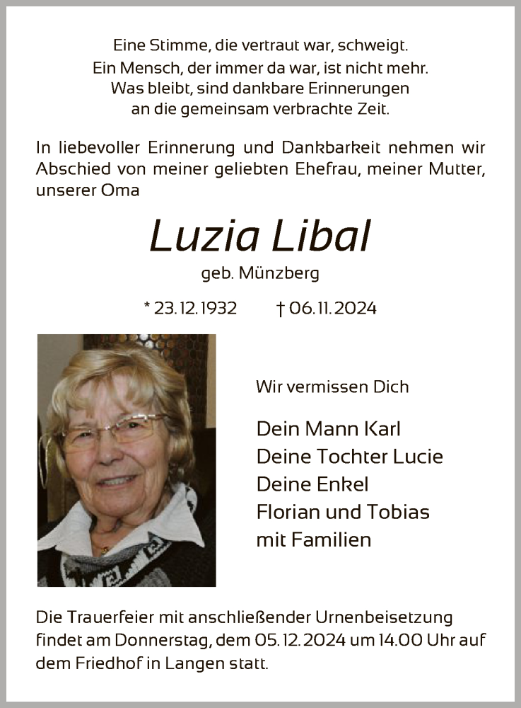  Traueranzeige für Luzia Libal vom 23.11.2024 aus OF