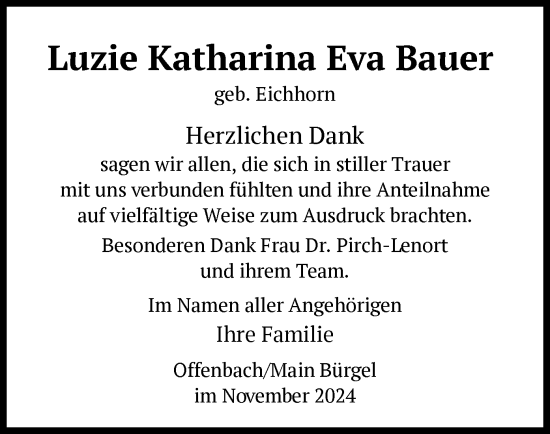 Traueranzeige von Luzie Katharina Eva Bauer von OF