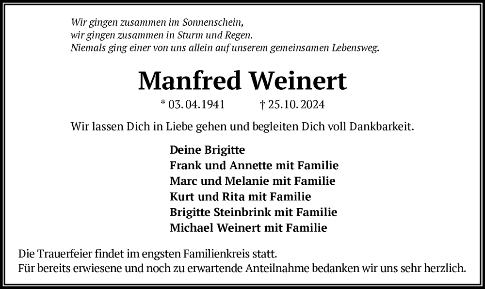  Traueranzeige für Manfred Weinert vom 23.11.2024 aus OF