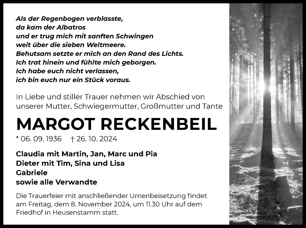  Traueranzeige für Margot Reckenbeil vom 02.11.2024 aus OF