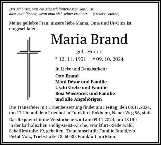 Traueranzeige von Maria Brand von OF