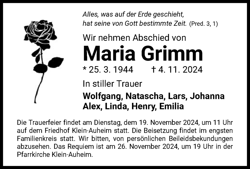  Traueranzeige für Maria Grimm vom 16.11.2024 aus OF