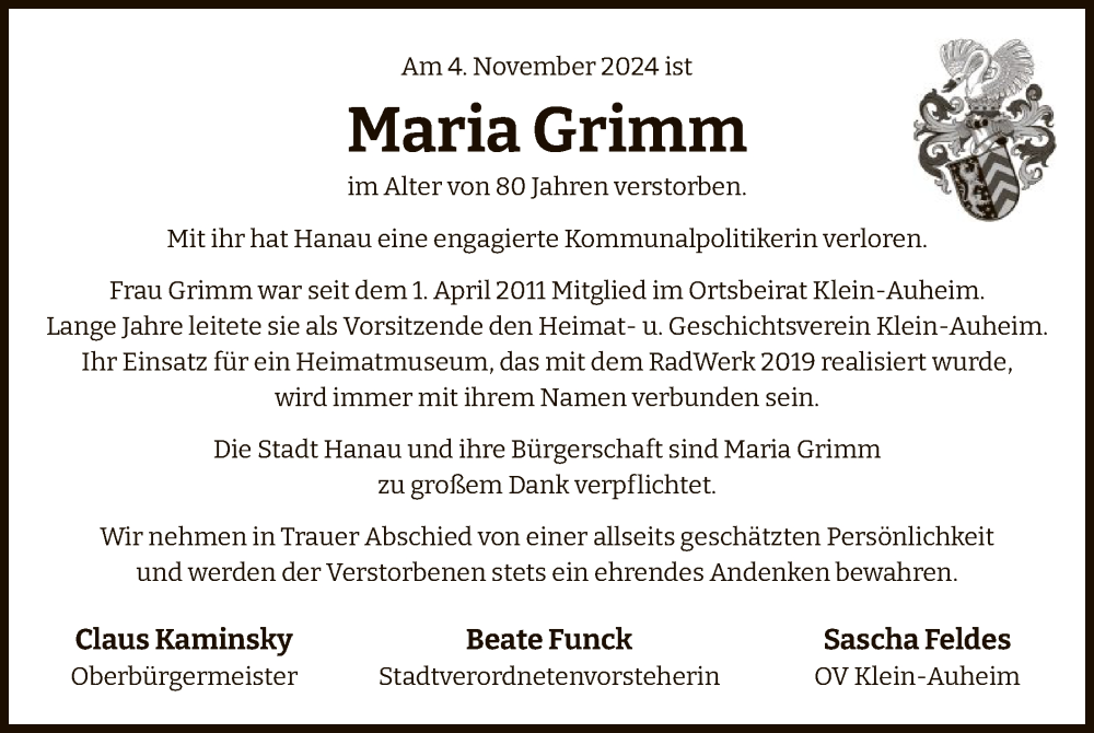  Traueranzeige für Maria Grimm vom 16.11.2024 aus OF