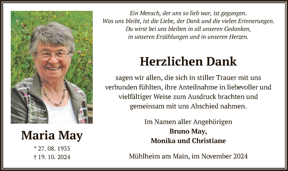  Traueranzeige für Maria May vom 23.11.2024 aus OF