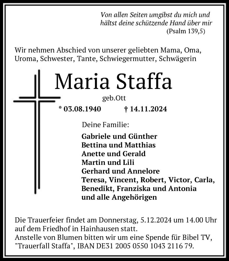  Traueranzeige für Maria Staffa vom 30.11.2024 aus OF