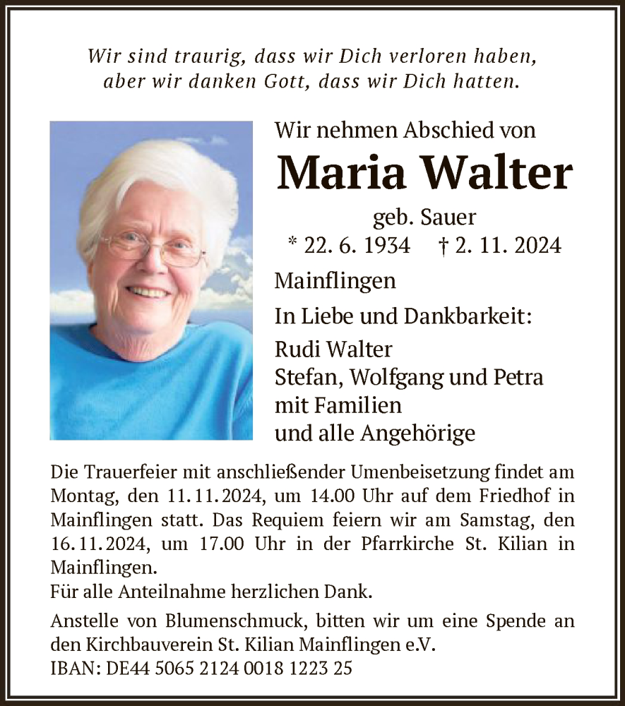  Traueranzeige für Maria Walter vom 09.11.2024 aus OF