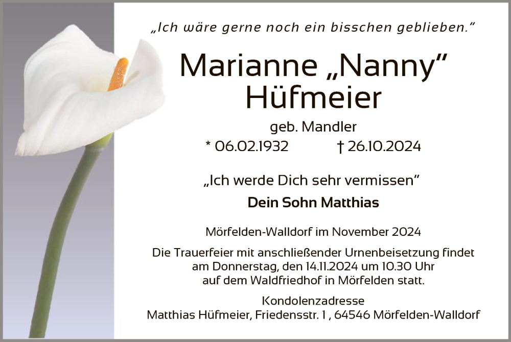  Traueranzeige für Marianne Hüfmeier vom 08.11.2024 aus OF