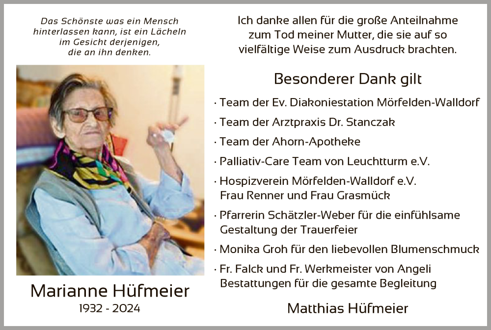  Traueranzeige für Marianne Hüfmeier vom 22.11.2024 aus OF