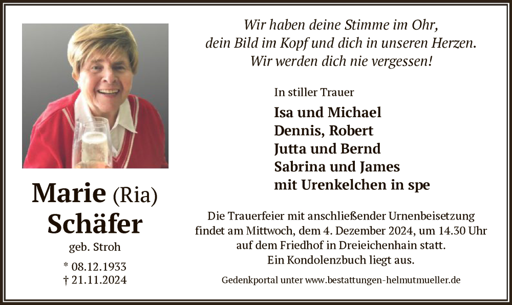  Traueranzeige für Marie Schäfer vom 30.11.2024 aus OF