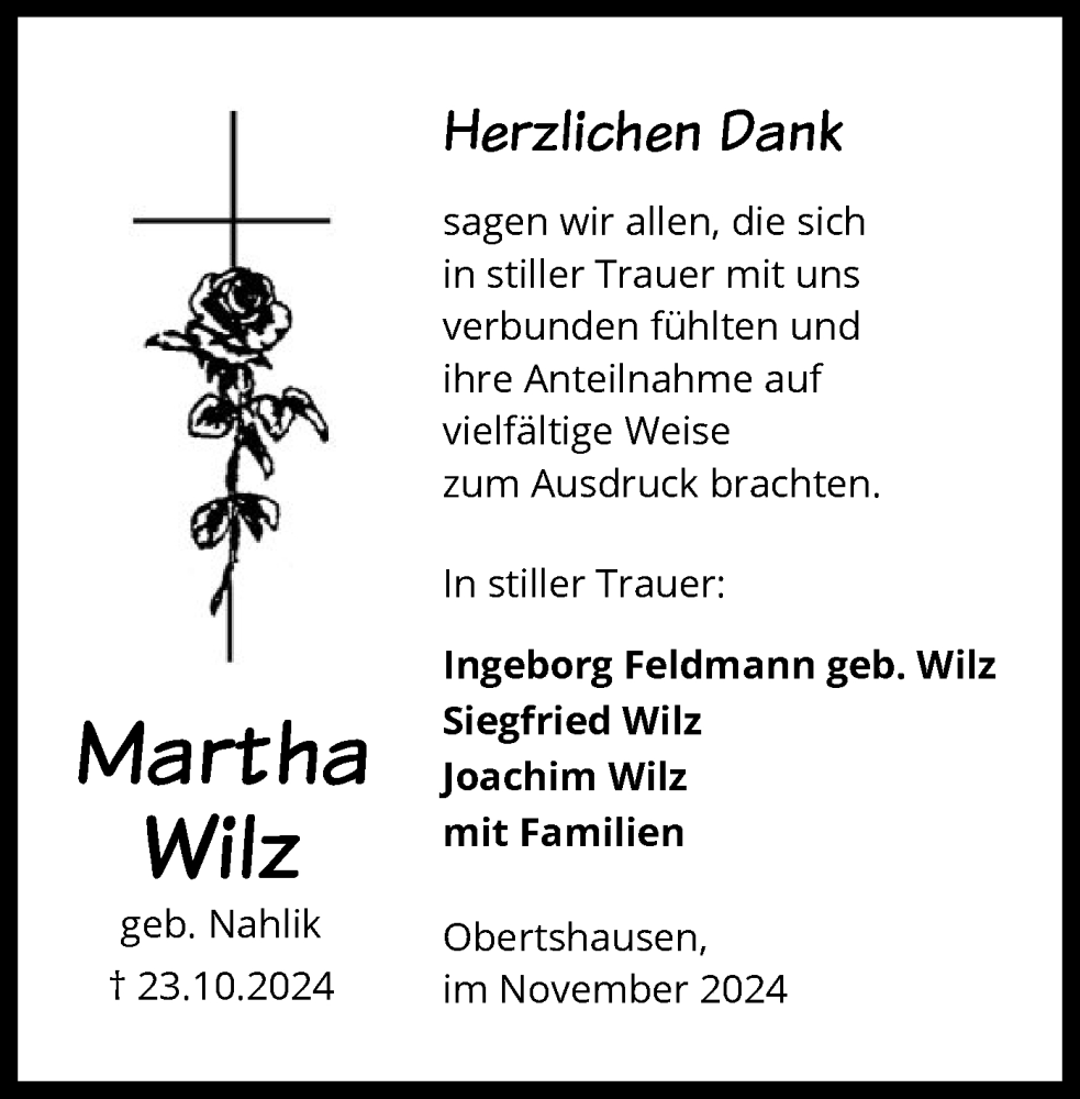  Traueranzeige für Martha Wilz vom 09.11.2024 aus OF
