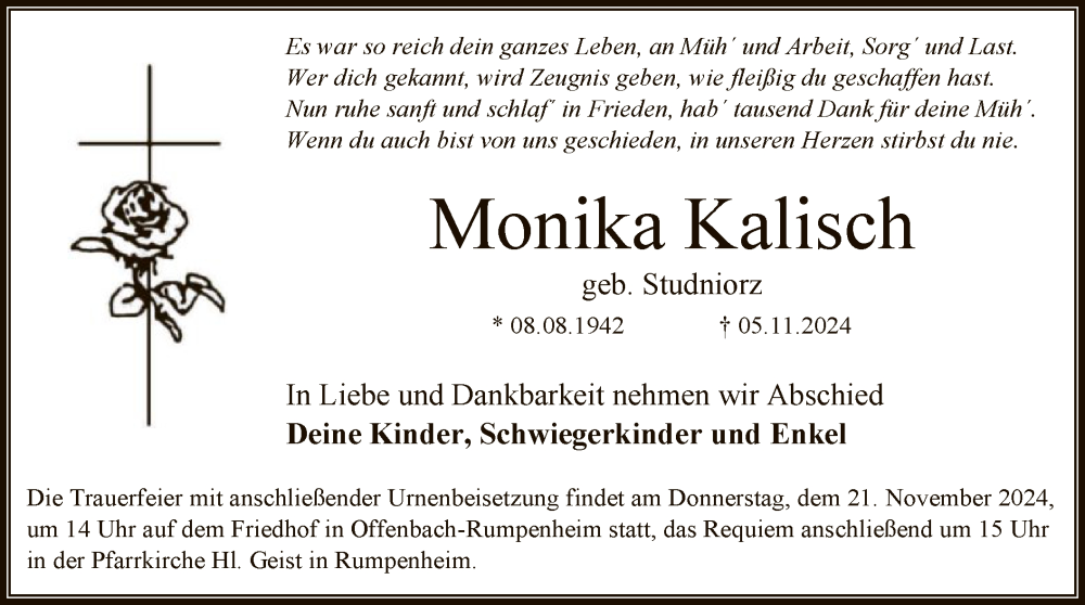  Traueranzeige für Monika Kalisch vom 09.11.2024 aus OF