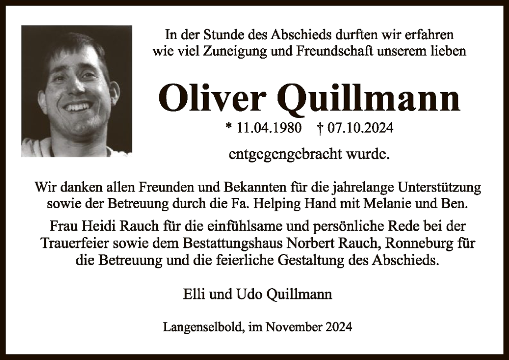  Traueranzeige für Oliver Quillmann vom 09.11.2024 aus OF