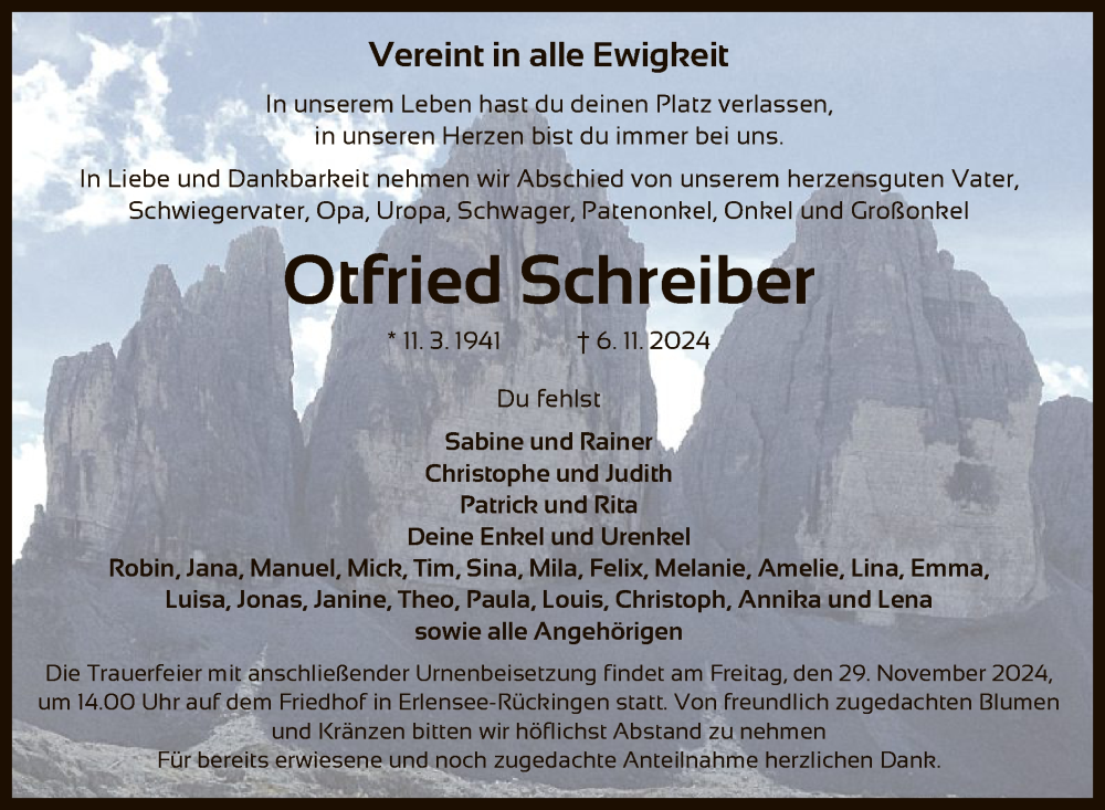  Traueranzeige für Otfried Schreiber vom 23.11.2024 aus OF
