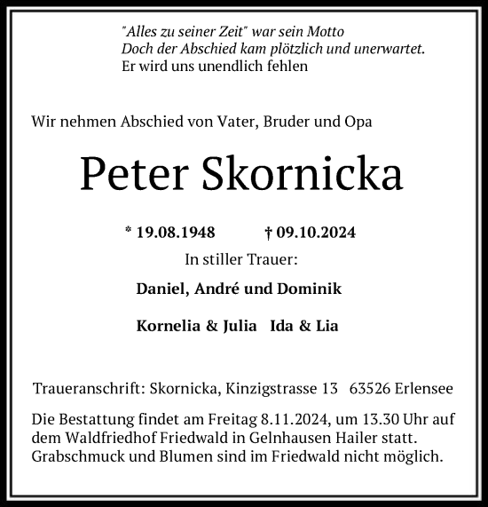 Traueranzeige von Peter Skornicka von OF