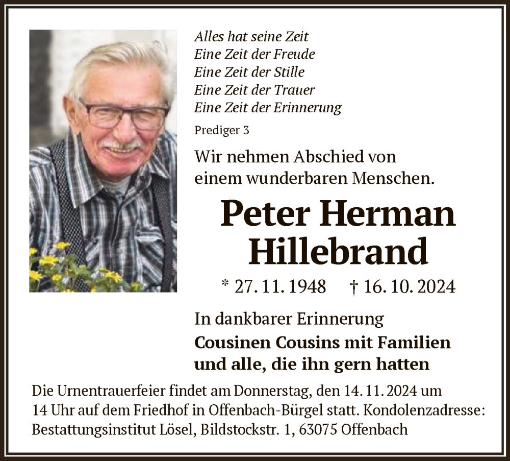  Traueranzeige für Peter Herman Hillebrand vom 09.11.2024 aus OF