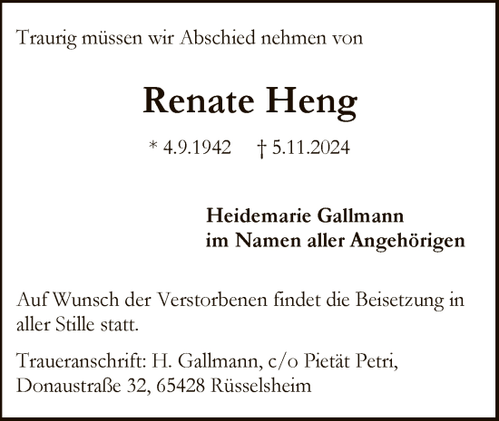 Traueranzeige von Renate Heng von OF