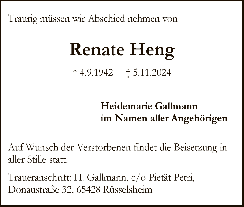  Traueranzeige für Renate Heng vom 15.11.2024 aus OF