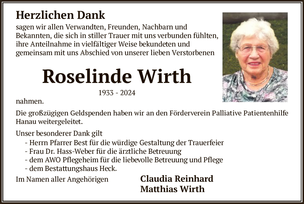  Traueranzeige für Roselinde Wirth vom 16.11.2024 aus OF