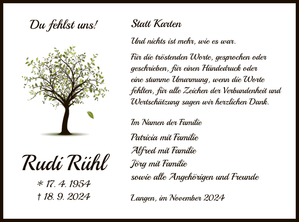  Traueranzeige für Rudi Rühl vom 23.11.2024 aus OF