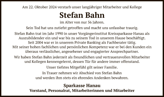 Traueranzeige von Stefan Bahn von OF