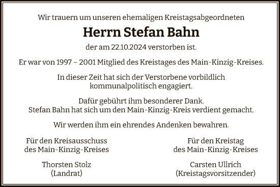 Traueranzeige von Stefan Bahn von OF