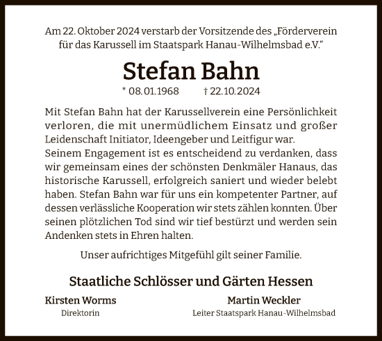 Traueranzeige von Stefan Bahn von OF