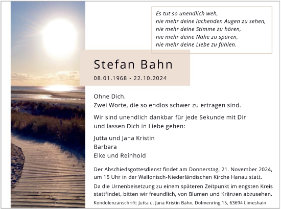 Traueranzeige von Stefan Bahn von OF