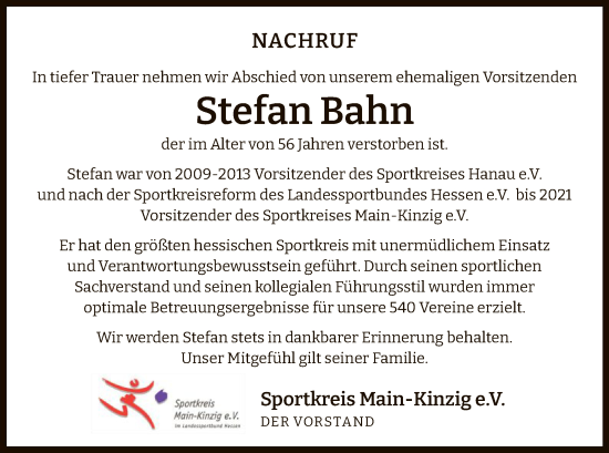 Traueranzeige von Stefan Bahn von OF