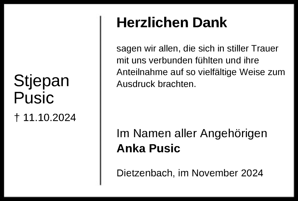  Traueranzeige für Stjepan Pusic vom 09.11.2024 aus OF