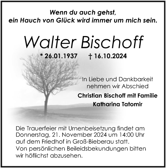 Traueranzeige von Walter Bischoff von OF