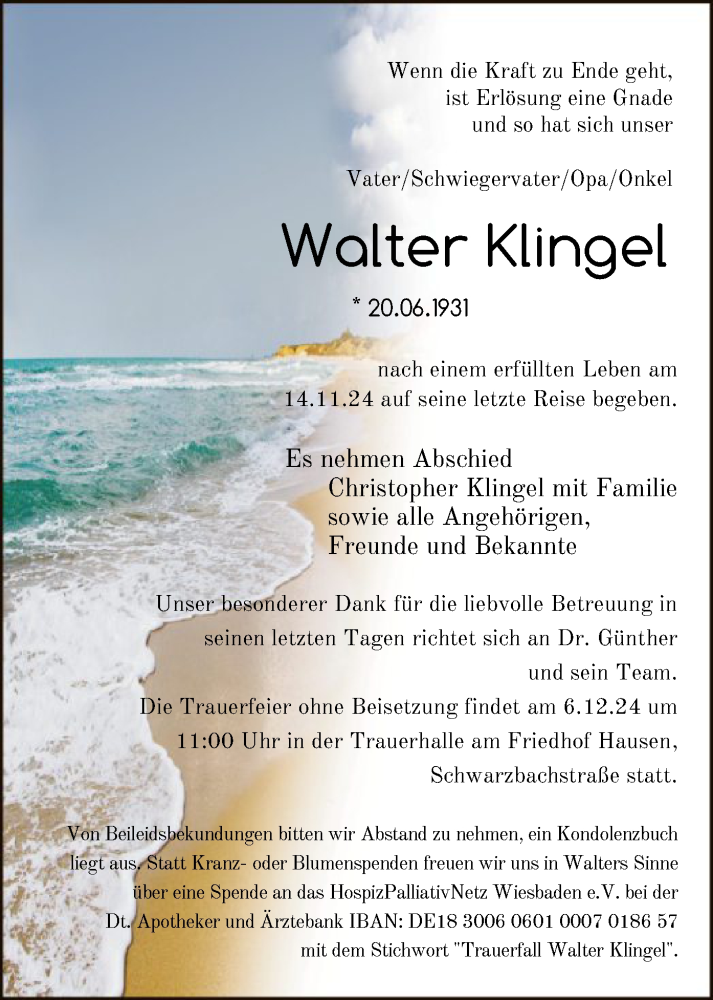  Traueranzeige für Walter Klingel vom 23.11.2024 aus OF