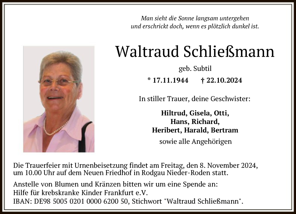  Traueranzeige für Waltraud Schließmann vom 02.11.2024 aus OF