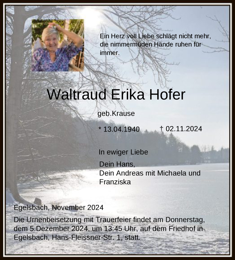  Traueranzeige für Waltraud Erika Hofer vom 23.11.2024 aus OF