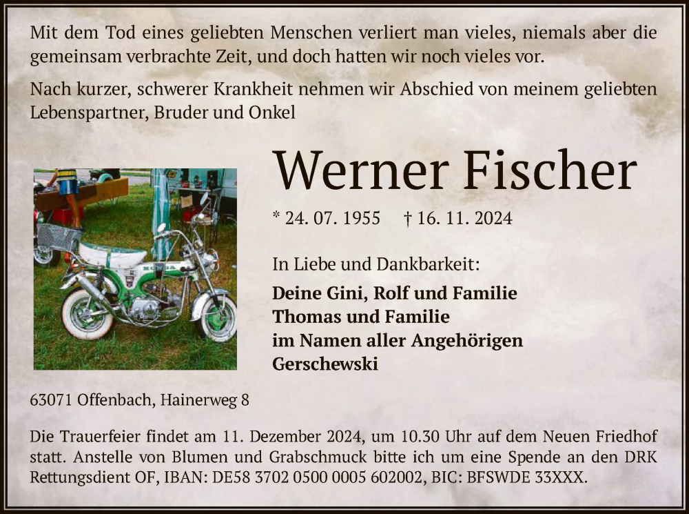  Traueranzeige für Werner Fischer vom 30.11.2024 aus OF
