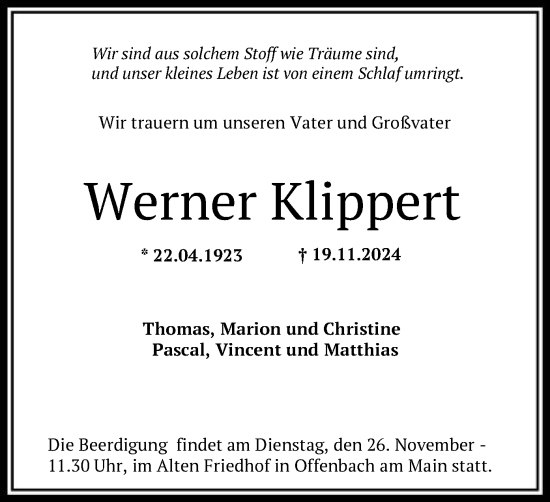 Traueranzeige von Werner Klippert von OF
