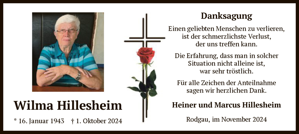  Traueranzeige für Wilma Hillesheim vom 23.11.2024 aus OF