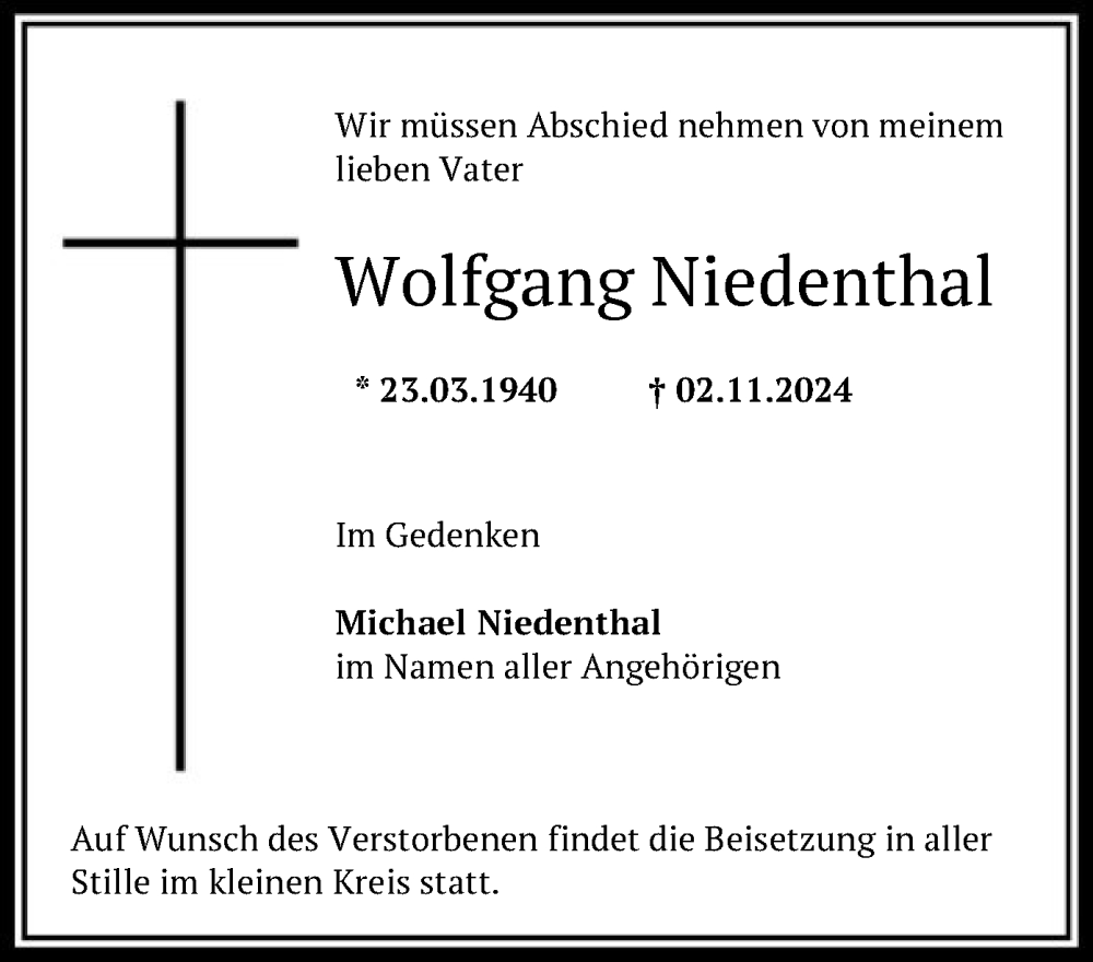  Traueranzeige für Wolfgang Niedenthal vom 09.11.2024 aus OF