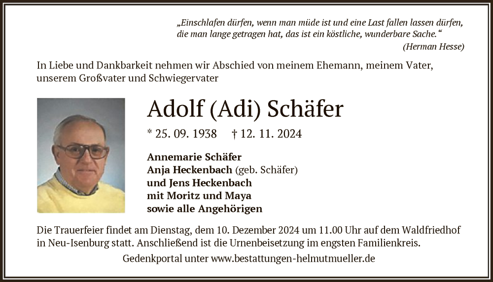 Traueranzeige für Adolf Schäfer vom 04.12.2024 aus OF