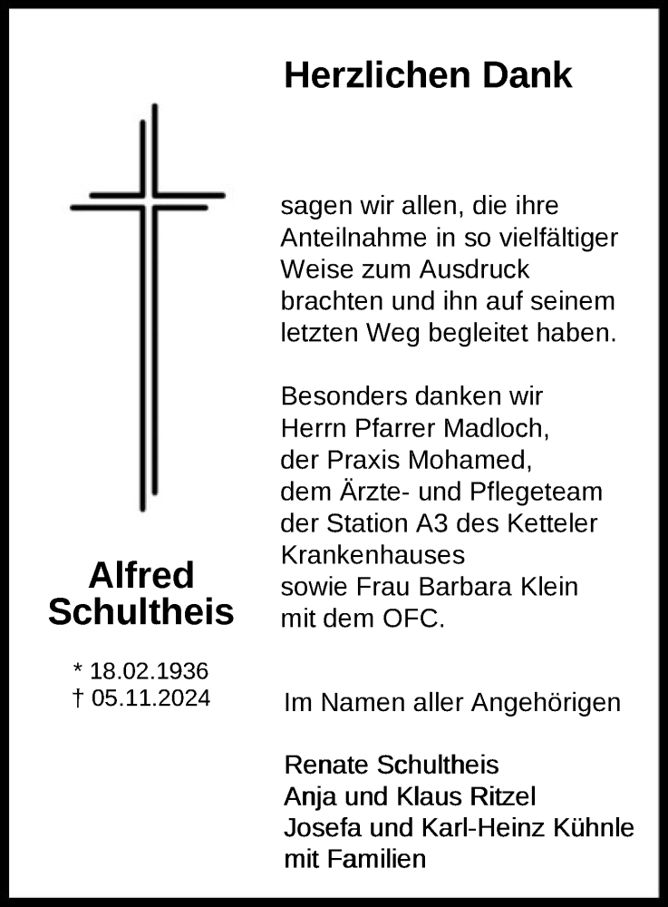  Traueranzeige für Alfred Schultheis vom 21.12.2024 aus OF