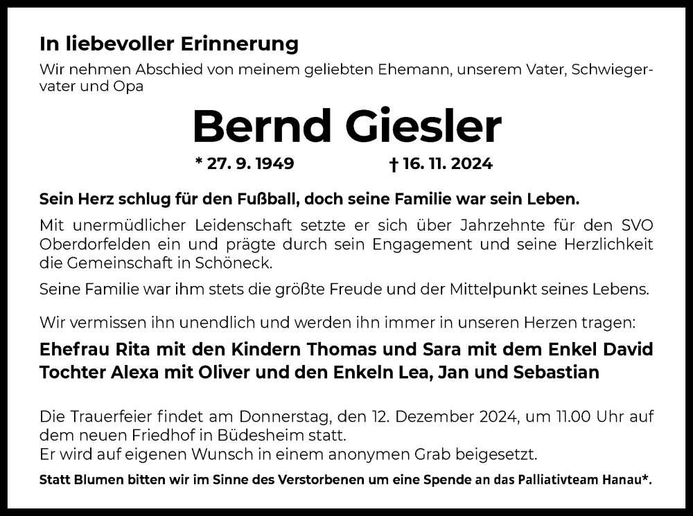  Traueranzeige für Bernd Giesler vom 10.12.2024 aus OF